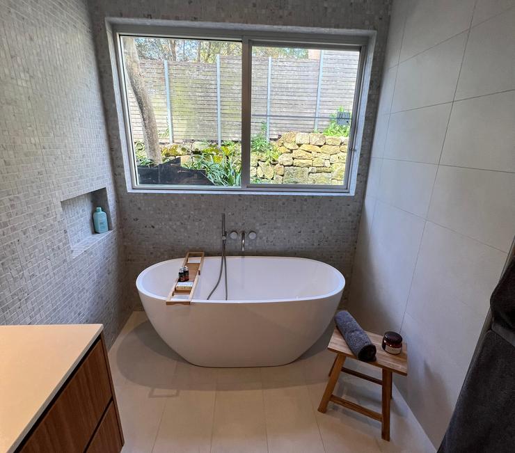 Free standing bath with mosaic tiling Sydney